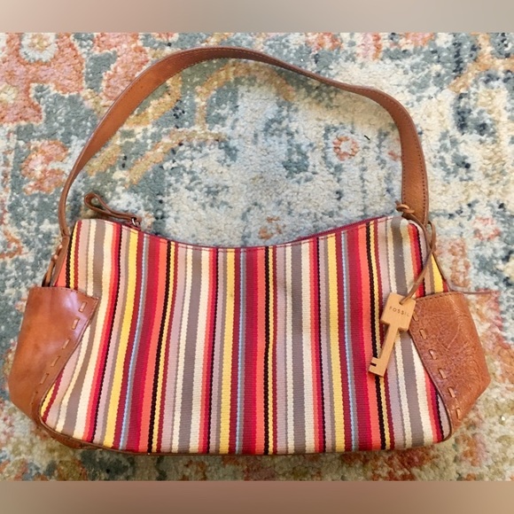 FOSSIL Multi Color Striped Shoulder Purse Baguette Bag Leather Accents and Key - Picture 4 of 11